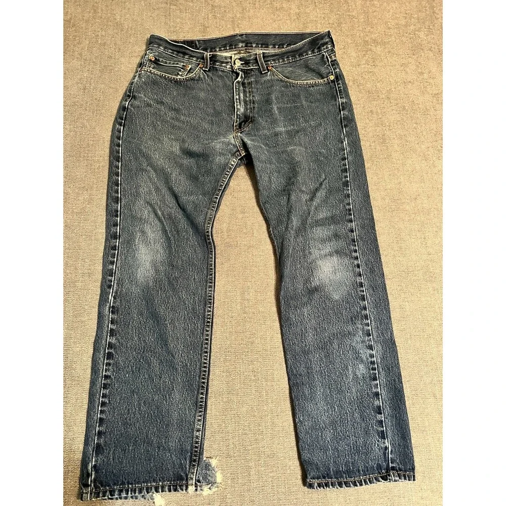 Levi's 505 Jeans Men's‎ 36x32 Distressed Hems Straight Biker Rock Casual Blue